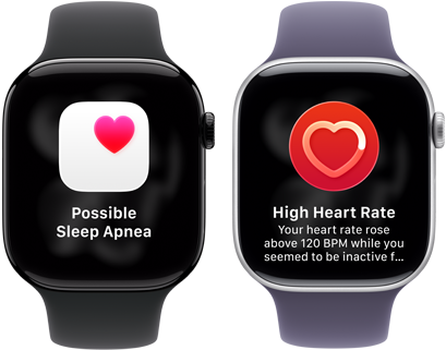 Dwa zegarki Apple Watch Series 11 ustawione obok siebie, koperta z aluminium w kolorze polerowanego onyksu, powiadomienie o możliwym bezdechu sennym, różowe serce w białym polu, prawa strona obudowy, pokrętło Digital Crown, pasek sportowy w kolorze czarnym. Drugie urządzenie, koperta z tytanu w kolorze srebrnym, aplikacja Tętno, bieżąca wartość uderzeń serca na minutę, widoczny prawy bok urządzenia, pokrętło Digital Crown, pasek sportowy w kolorze mlecznego fioletu