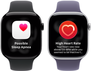 Dwa zegarki Apple Watch Series 11 ustawione obok siebie, koperta z aluminium w kolorze polerowanego onyksu, powiadomienie o możliwym bezdechu sennym, różowe serce w białym polu, widoczny prawy bok urządzenia, pokrętło Digital Crown, pasek sportowy w kolorze czarym. Drugie urządzenie, koperta z tytanu w kolorze srebrnym, aplikacja Tętno, bieżąca wartość uderzeń serca na minutę, widoczny prawy bok urządzenia, pokrętło Digital Crown, pasek sportowy w kolorze mlecznego fioletu
