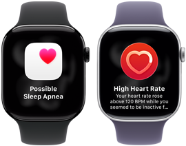 Dwa zegarki Apple Watch Series 11 ustawione obok siebie, koperta z aluminium w kolorze polerowanego onyksu, powiadomienie o możliwym bezdechu sennym, różowe serce w białym polu, widoczny prawy bok urządzenia, pokrętło Digital Crown, pasek sportowy w kolorze czarym. Drugie urządzenie, koperta z tytanu w kolorze srebrnym, aplikacja Tętno, bieżąca wartość uderzeń serca na minutę, widoczny prawy bok urządzenia, pokrętło Digital Crown, pasek sportowy w kolorze mlecznego fioletu