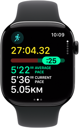 Apple Watch 11, koperta z aluminium, kolor polerowanego onyksu, trening Bieg, ikona biegania, parametry: czas, tętno, tempo odcinka, średnie tempo, dystans. prawa strona obudowy, pokrętło Digital Crown, pasek sportowy w kolorze czarnym