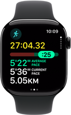 Apple Watch 11, koperta z aluminium, kolor polerowanego onyksu, trening Bieg, ikona biegania, parametry: czas, tętno, tempo odcinka, średnie tempo, dystans. prawa strona obudowy, pokrętło Digital Crown, pasek sportowy w kolorze czarnym
